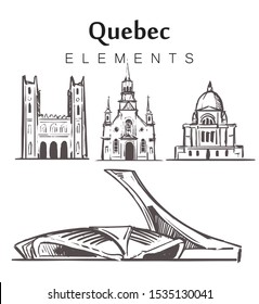 Set of hand-drawn Quebec buildings, elements sketch vector illustration. Notre Dame Cathedral, St. Joseph's Oratory, Quebec Montreal Biodome.