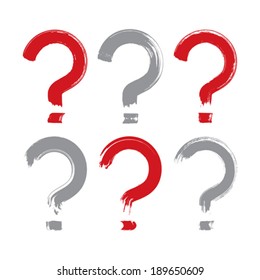 Set of hand-drawn question mark icons, collection of brush drawing query signs, original hand-painted punctuation marks isolated on white background.