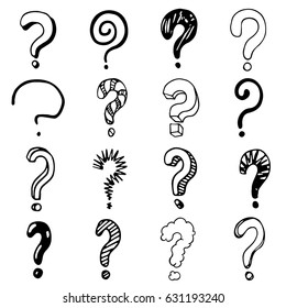 Set of hand-drawn question marks in the doodle style. Vector illustration.