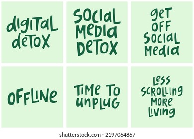 Set of hand-drawn quotes about digital detox. 
