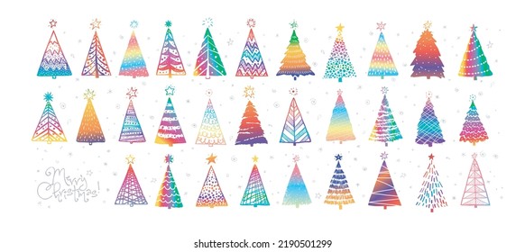 Set of hand-drawn rainbow doodle christmas trees. Christmas vector sketch illustration of holidays decoration. 