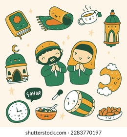 Set of handdrawn Ramadan illustration in cartoon style