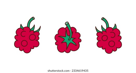 Set of hand-drawn raspberries on a transparent background. Isolated vector illustration of juicy fruit