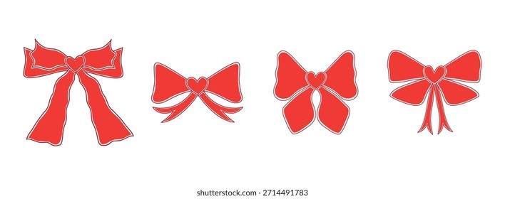 Un conjunto de arcos rojos dibujados a mano. Lindos, coquetos lazos de cinta con corazones. Ilustración vectorial.