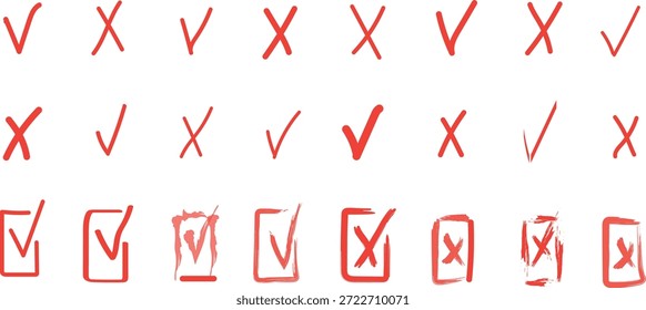 Conjunto de marcas de verificación rojas dibujadas a mano y símbolos cruzados. Ilustración vectorial