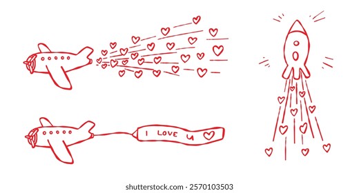 A set of hand-drawn red contour illustrations isolated on a white background. Airplanes, sky rocket. Romantic love themed designs, Valentines Day, anniversaries, cards, web, blogs, prints, posters