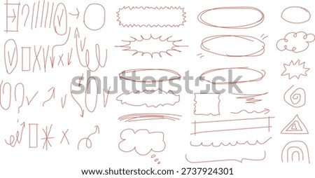 set of hand-drawn red doodle elements typically used for emphasis or correction. minimalist	
