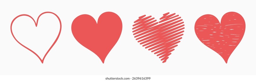 Set of hand-drawn red heart vector icons in various doodle styles. Ideal for Valentine's Day, love-themed designs, social media, cards, and decorative elements.