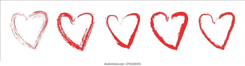 Conjunto de Ilustraciones vectoriales de corazón rojo dibujadas a mano con textura de pincel grunge. Una colección de iconos de corazón de boceto romántico para el día de San Valentín y papelería de boda. Corazón para el Diseño gráfico creativo.