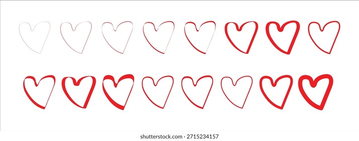 Set of hand-drawn red heart vector illustrations with grunge brush texture. A collection of Romantic sketch heart icons for Valentine's Day and wedding stationery. Heart for creative graphic design.