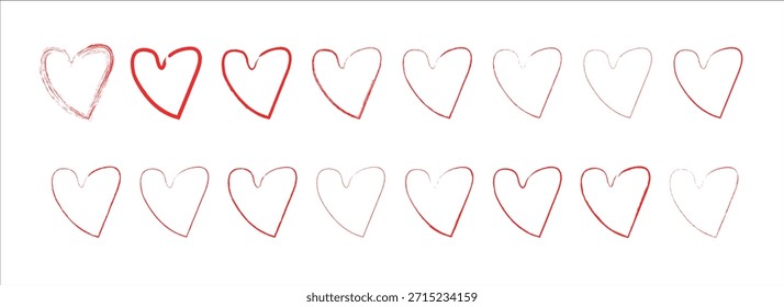 Set of hand-drawn red heart vector illustrations with grunge brush texture. A collection of Romantic sketch heart icons for Valentine's Day and wedding stationery. Heart for creative graphic design.