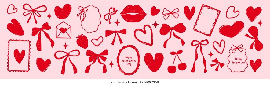 A set of hand-drawn red hearts, bows, and festive elements on a pink background. Symbols of Valentine's Day and love for a greeting card. Vector.