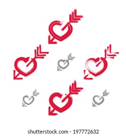 Set of hand-drawn red love heart icons, collection of brush drawing loving heart signs with Cupid's arrow. Original hand-painted love symbols isolated on white background.