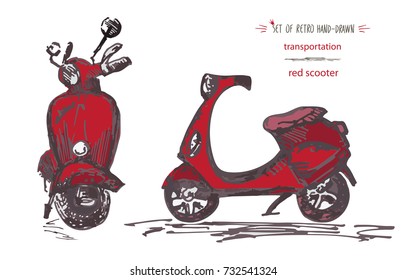 Set of hand-drawn red scooters. Ink brush sketch. Vector illustration