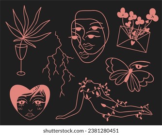 A set of hand-drawn retro stickers. Hand drawn line. Plants, faces, female body, heart, envelope, lightning. Black background, neon sign. Collection of vectors.