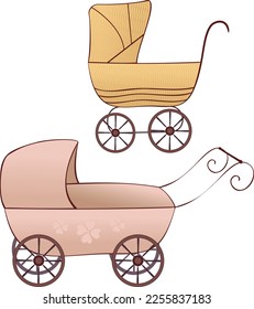 A set of hand-drawn retro strollers for walking mothers with babies in vintage on a white background