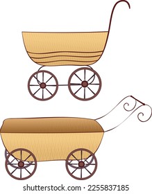 A set of hand-drawn retro strollers for walking mothers with babies in vintage on a white background