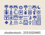  Set of hand-drawn retro tropical summer shape vector illustrations, vintage exotic clip art of palm tree, tiger and flower, easily editable