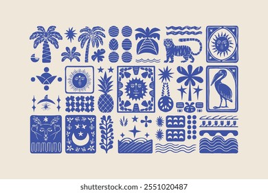  Conjunto de Ilustraciones vectoriales de forma de verano tropical retro dibujado a mano, arte de Clip exótico vintage de palmera, tigre y flor, fácilmente editable