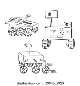 Set of hand-drawn robotic rovers for exploring and learning new planets in space. Doodle style, simple minimalistic drawing. Fantasy sketch, line art.Isolated.Vector illustration.