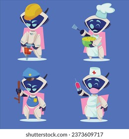 set handdrawn robots cooking soup drilling road with jackhammer holding syringe wearing policeman uniform vector design illustration