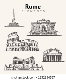 Set of hand-drawn Rome buildings.Rome elements sketch vector illustration.Coliseum,Pantheon,Vittoriano,Trevi Fountain.