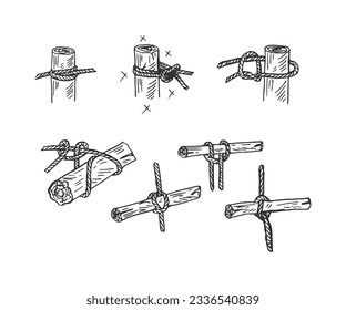 Set of hand-drawn rope knots with tree trunks vector illustration.