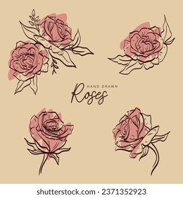 A set of hand-drawn roses with a simple elegant style suitable for invitation and decoration