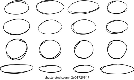 Set of hand-drawn rough circles and ovals. Ideal for UI UX wireframing, infographics, creative designs, and visual notes. Transparent background