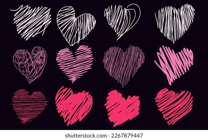 Set of Handdrawn rough marker hearts isolated on white background, Hand drawn pink and white Hearts in Doodle Marker Style Vintage