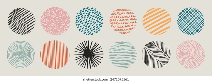 Set of Hand-drawn round Abstract shapes. Collection of spots, doodles, drops, waves, curves, lines. Trendy Simple Vector illustration