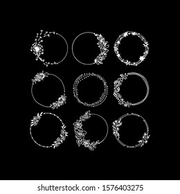 Set of handdrawn round frames. Design element. Vector on black background. 