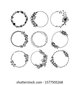 Set of handdrawn round frames. Design element for flyer, web, wedding and other invitations or greeting cards. Vector. 