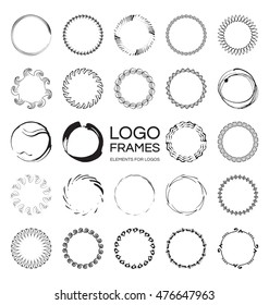 Set of handdrawn round frames for logo design and branding identity. Round shape isolated on white background. Decorative elements vector templates.