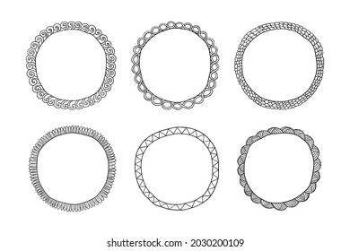 Set of hand-drawn round frames. Ornament in a circle isolated. Free hand drawn frames. Vector illustration of a photo frame with copy space.