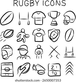 Set of hand-drawn rugby icons featuring balls, players, jerseys, trophies, helmets, fields, and goalposts. Ideal for sports apps, posters, and graphic projects.