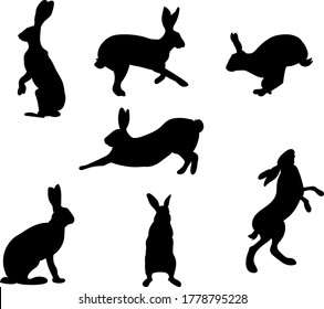 Set handgezeichnet, läuft, aufschauen und sitzen in verschiedenen Posen Kaninchen schwarze Silhouette . Reihe von Ostern-hasen-Linien einzeln auf weißem Hintergrund. Einfaches Cartoon-Hase.