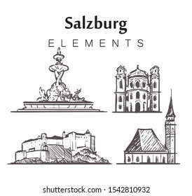 Set of hand-drawn Salzburg buildings, elements sketch vector illustration. Four public higher education institution,the Hohensalzburg Fortress, Kollegienkirche, Franciscan Church.