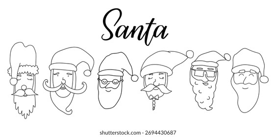 Set von handgezeichneten Weihnachtsköpfen in verschiedenen Stilen. Doodle, Vektorgrafik. Einzeln auf weißem Hintergrund.