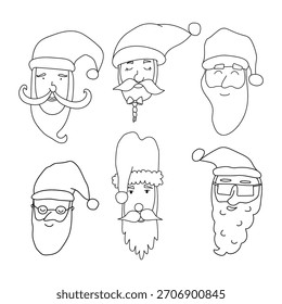 Set of hand-drawn Santa heads in different styles. Vector illustration in doodle style. Isolated on white background.