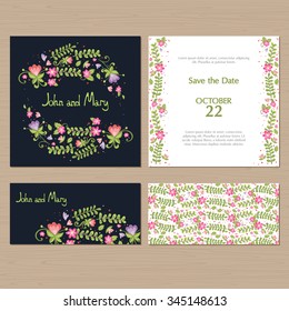 Set of hand-drawn Save the Date floral cards. Can be used as menu, invitation, greeting or business card template.