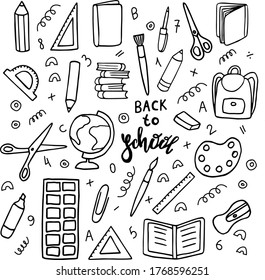 set of hand-drawn school black and white in doodle style on a white background