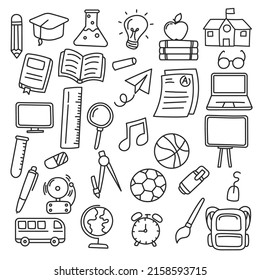 Set of hand-drawn school doodle illustrations isolated on white background