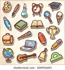Set of hand-drawn school icons. Detailed colorful cartoon vector illustrations.