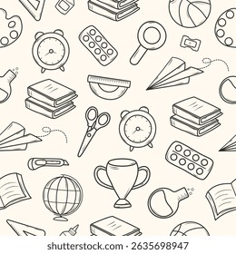 A set of hand-drawn school supplies icons. Education design elements. Vector illustration.