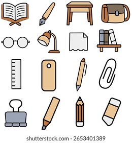 Conjunto de útiles escolares dibujados a mano que incluyen Regla, lápiz, tijeras y cuaderno. Ideal para temas de regreso a la escuela y contenido educativo.