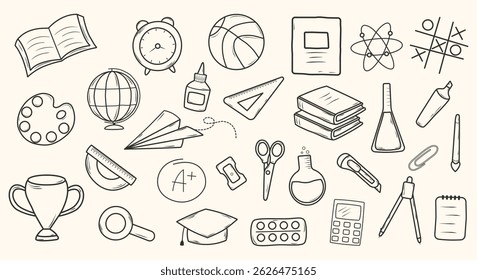 A set of hand-drawn school supply icons. Monochrome ink style. Vector illustration.