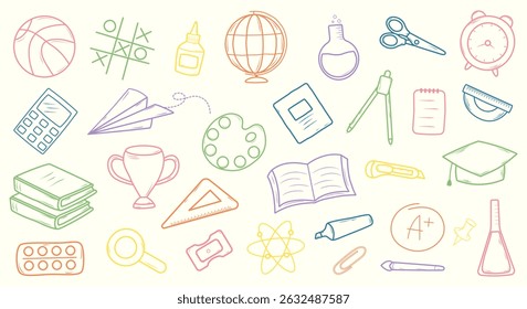 A set of hand-drawn school supply icons. Vector illustration.