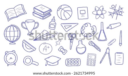 A set of hand-drawn school supply icons. Monochrome ink style. Vector illustration.