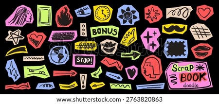 A set of hand-drawn scrapbooking elements on a black background. A set of paper cutout figures. Symbols for creating creative collages. Vector.